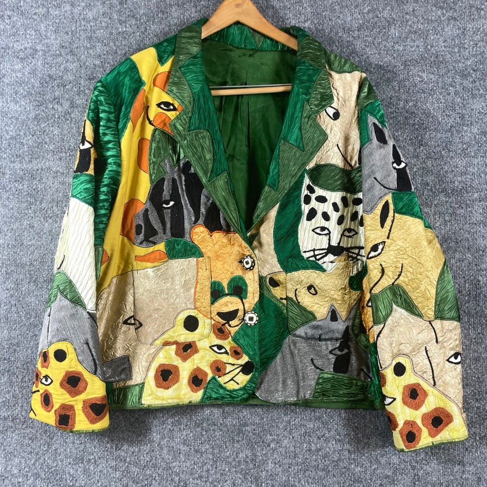 Vintage Anage Blazer Womens 3XL Green Safari Lined Silk Animal Patchwork Art